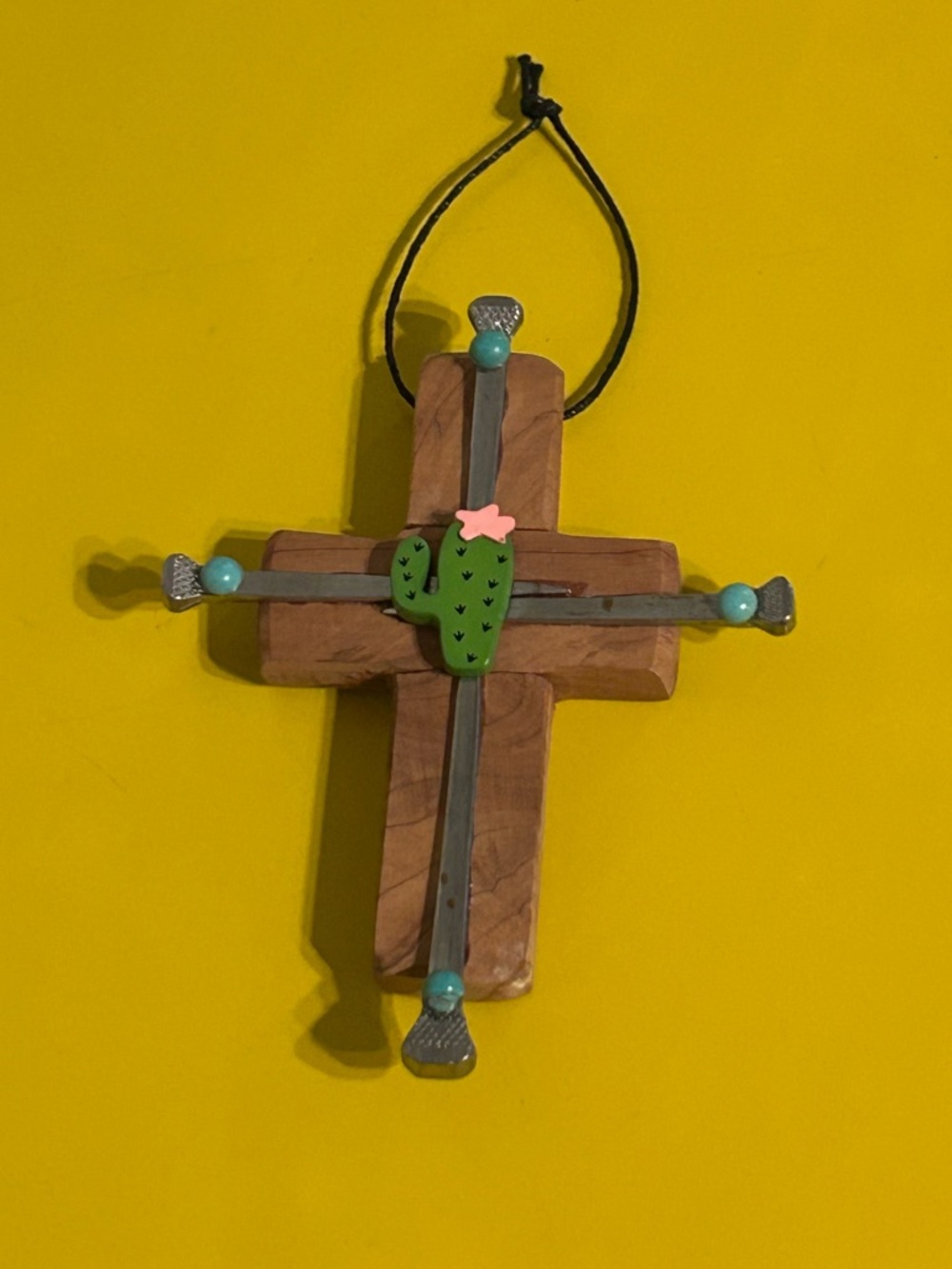 Wooden Cross Wall Hanging with Turquoise Beads and Cactus Accent